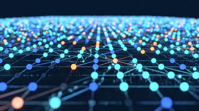 Abstract network grid glowing with interconnected nodes during digital data flow in a dark futuristic landscape