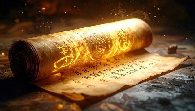 Ancient Luminous Parchment Scroll Unfurling with Glowing Magical Text and Firefly Embers