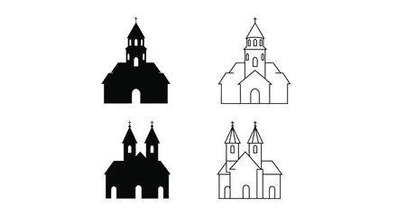 Church building silhouettes with steeple details black and white style silhouette © RASHIDA