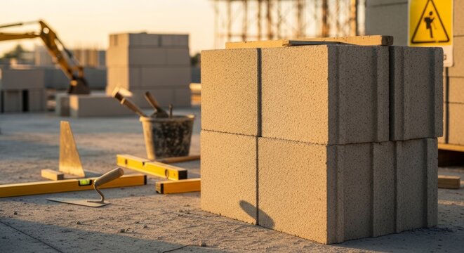 Construction site with stacked aerated concrete blocks and tools in warm golden hour light, ready for building projects
