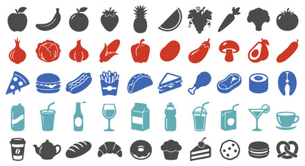 Fototapeta premium Food and Beverage Vector Icon Set with Fruits Vegetables Bakery and Italian Cuisine Illustrations