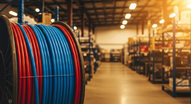 Large PEX plumbing pipe coil in warehouse, ideal for construction, supply chain, and DIY projects with ample copy space