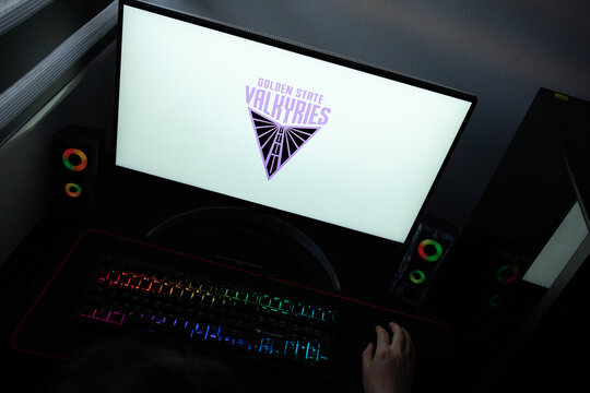 Punta Arenas, Chile &ndash; June 12, 2026: The official purple and black Golden State Valkyries WNBA team logo displayed on a computer screen in a dark room workspace setup