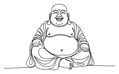 Obraz premium Laughing Buddha sitting in meditation single line art, minimalist zen and spirituality monoline graphic for tattoo or logo design