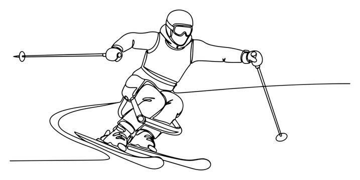 Adaptive skiing athlete on sit-ski equipment single line art, minimalist para-skiing winter sport monoline drawing for inclusive lifestyle