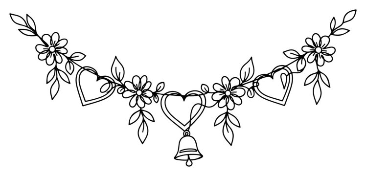 Decorative flower garland with hearts and bell single line art, minimalist wedding ornament monoline drawing for invitation design