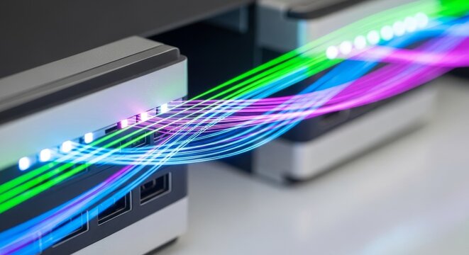 Vibrant laser data streams flow between futuristic server nodes, visualizing digital network connections and high-speed technology.