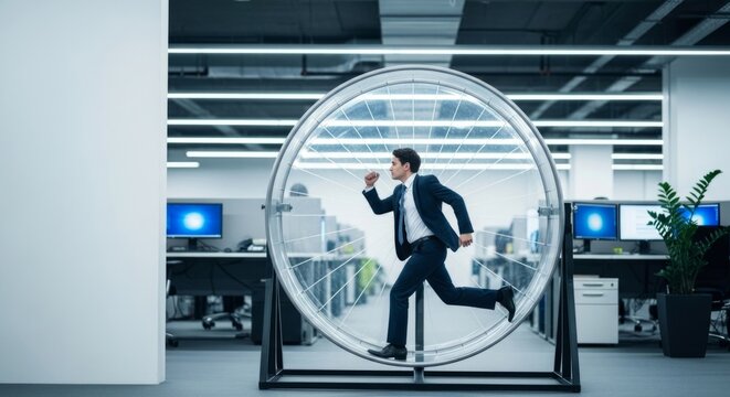 Businessman running in a large transparent hamster wheel in a modern office, symbolizing the endless cycle of corporate work and burnout.