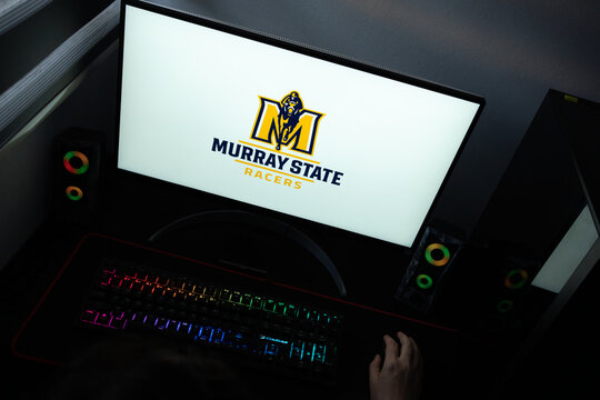 Punta Arenas, Chile &ndash; June 12, 2026: The official Murray State Racers athletic sports logo displayed on a computer screen in a dark room workspace setup