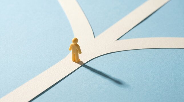 Businessman thinking in front of a three-way crossroads / 三差路の分かれ道の前で悩むビジネスマンのイメージ / 세 갈래의 갈림길 앞에서 고민하는 비즈니스맨 이미지