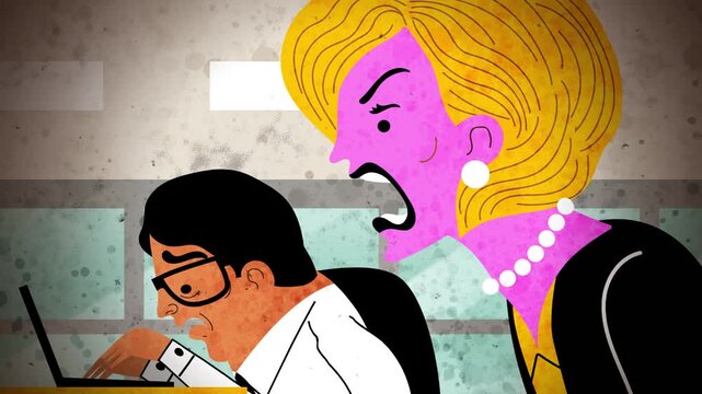 female boss micromanaging a frightened employee at a computer in the office