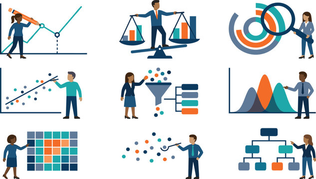 Business Data Analytics and Statistics Concept Icon Set with Professionals Working on Graphs Scatter Plots Funnels Hierarchy and Financial Charts