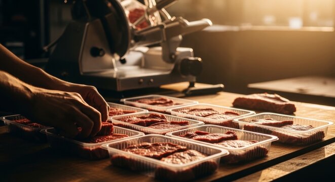 Butcher hands packaging fresh beef steaks in plastic trays, warm golden hour light, rustic kitchen counter