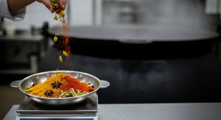 Chef precisely weighing vibrant organic spices on an electronic scale for large-scale culinary preparation in a commercial kitchen © SashaMagic