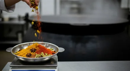 Chef precisely weighing vibrant organic spices on an electronic scale for large-scale culinary preparation in a commercial kitchen © SashaMagic