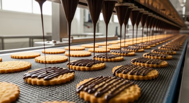 Automated chocolate glaze decoration on cookies on a conveyor belt in a modern food factory