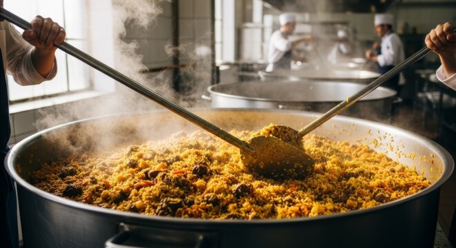 Chefs stir massive pot of steaming golden pilaf in busy industrial kitchen, action shot