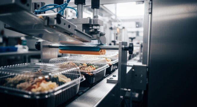 Automated packaging machine seals ready-to-eat meals in modern food production, food packaging technology