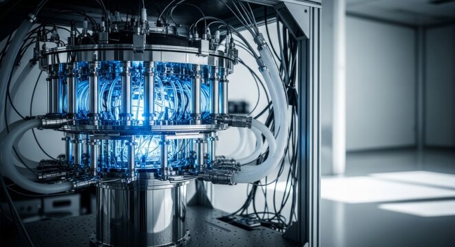 Advanced quantum computer core with glowing blue lights and complex cryogenic systems in a sterile lab
