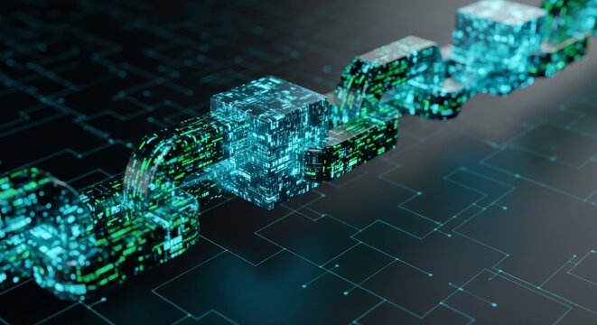 Glowing digital blockchain blocks in cyberspace, representing secure financial transactions and cryptocurrency technology