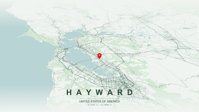 Modern minimalist vector map of Hayward, California, USA. High-quality scalable illustration of Hayward city grid, San Francisco Bay shoreline, Hayward-San Mateo Bridge for posters design.