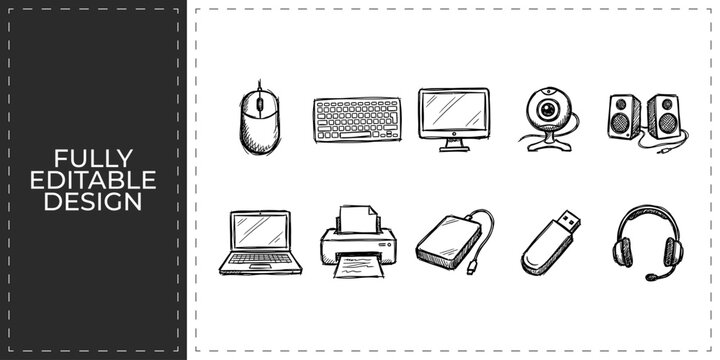 Professional computer hardware and office peripherals hand drawn vector icons set featuring laptop monitor keyboard mouse printer and speakers for tech design
