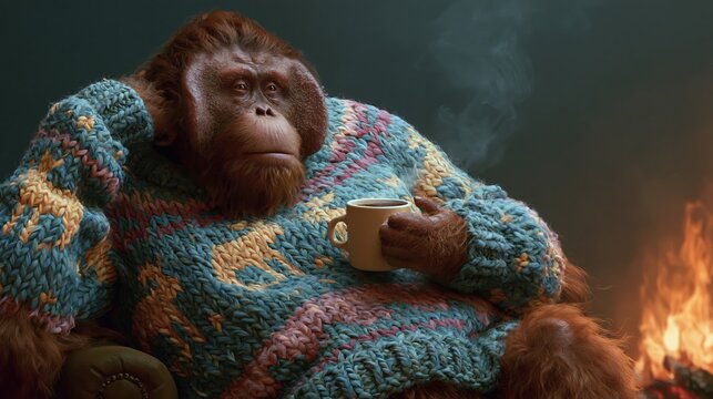 Cozy orangutan in a knitted sweater enjoys a warm drink by the fire
