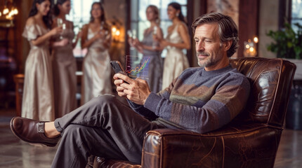 Obraz premium Male in casual attire sits on a leather chair using a smartphone in a lavish setting