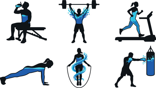 Gym and Fitness Silhouette Icon Set with Weightlifting, Treadmill, Boxing, Push Up, Jump Rope, and Dumbbell Poses for Sports and Health Designs