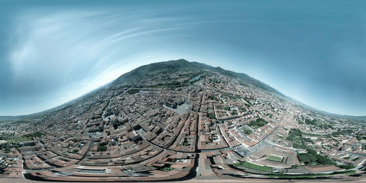 Prato, Tuscany. 360 aerial drone panorama of cityscape and surrounding landscape