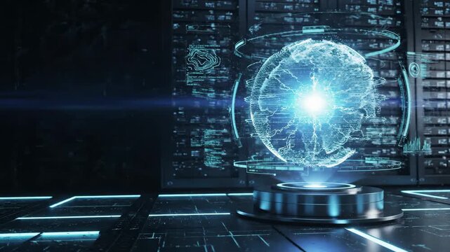 Futuristic data center with a glowing digital earth hologram representing global network and artificial intelligence