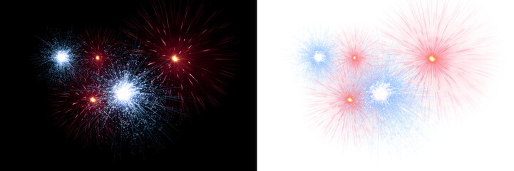 Fototapeta premium Radiant patriotic fireworks explosion with stars, glowing particles and festive illumination. USA holiday celebration overlay on transparent background. PNG image.