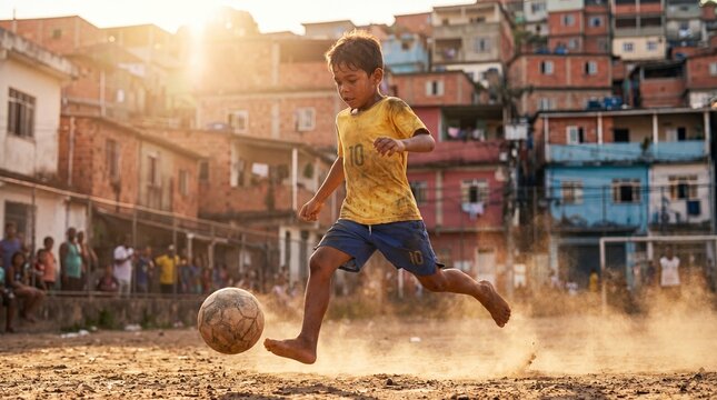 A barefoot young boy playing soccer on a dirt field in a Brazilian favela during a golden sunset, surrounded by urban architecture and community members.