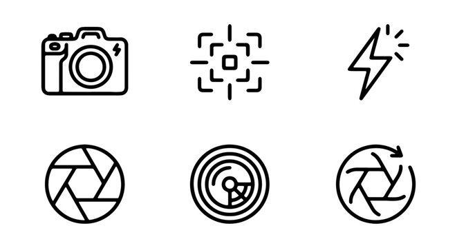 Photography Icons Set: Camera, Focus Target, Flash, Aperture, Lens Elements, Shutter Speed Vector Graphics for Creative Projects