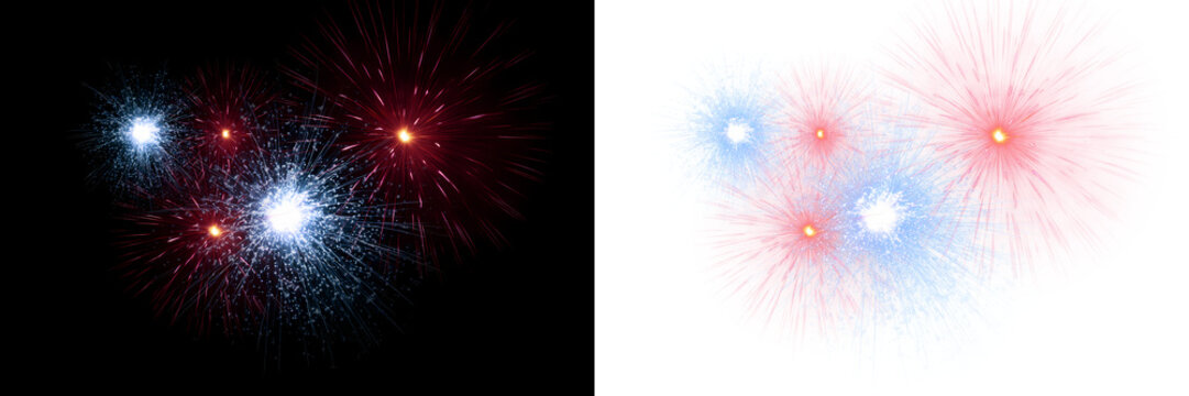 Radiant patriotic fireworks explosion with stars, glowing particles and festive illumination. USA holiday celebration overlay on transparent background. PNG image.