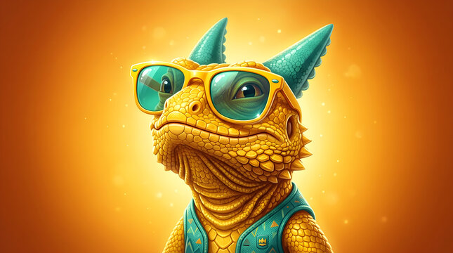 Cool anthropomorphic yellow lizard wearing yellow sunglasses and a patterned vest, digital art character on orange background.