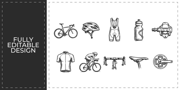 Professional cycling and bicycle gear hand drawn vector icons set featuring bike helmet jersey water bottle and shoes for outdoor sports and fitness activity
