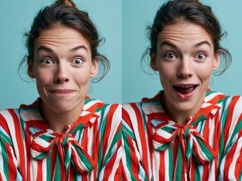 Young woman's split screen showing two contrasting expressions of surprise and delight