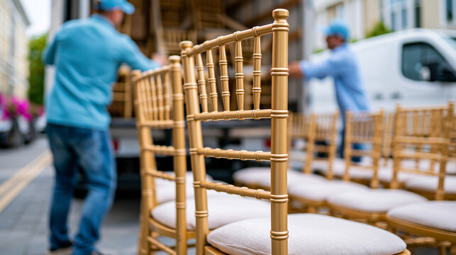 Anonymous event rental team unloading and arranging gold chiavari chairs from a delivery truck outside a luxury wedding venue, event logistics and setup concept, faceless,
