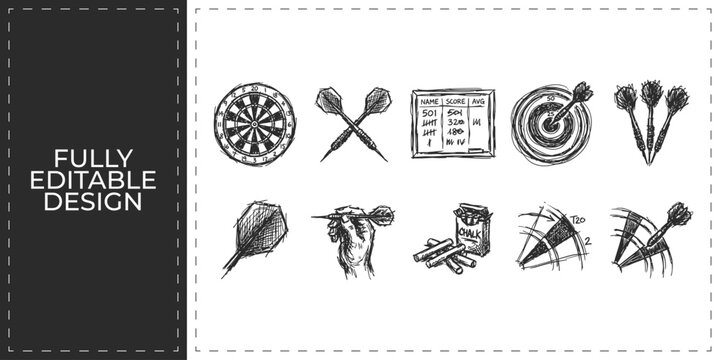 Darts game and indoor recreation hand drawn vector icons set featuring dartboard darts and score board for entertainment and social club activity design concept