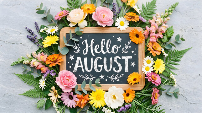 "Hello August" message written on a chalkboard surrounded by a frame of colorful summer flowers and greenery on a textured grey background.