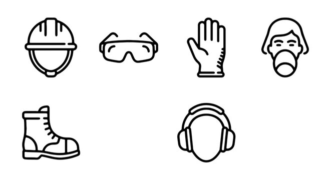 Industrial Safety Gear Icons Set, Personal Protective Equipment Vector Collection, Hard Hat, Goggles, Gloves, Mask, Boots, Ear Defenders for Workplace Safety