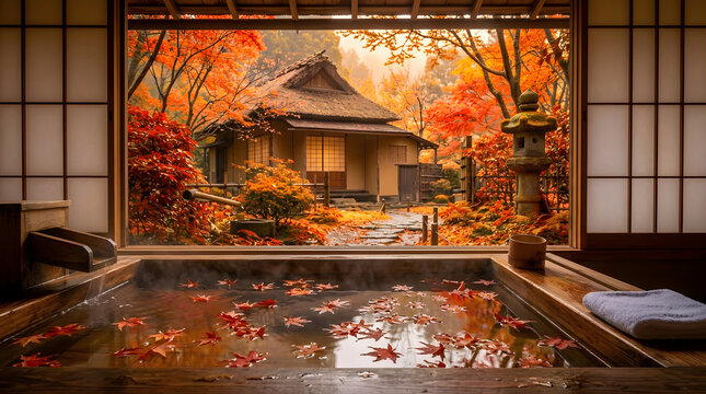Japanese Hinoki Bath Autumn Momiji Red Foliage Garden Ryokan Wellness