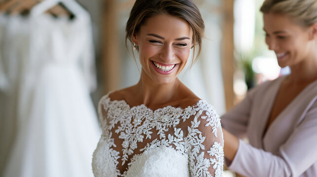 Anonymous bride in a stunning gown smiling while a stylist assists her in a chic boutique filled with elegant dresses, bridal preparation and fashion concept, faceless, defocused,
