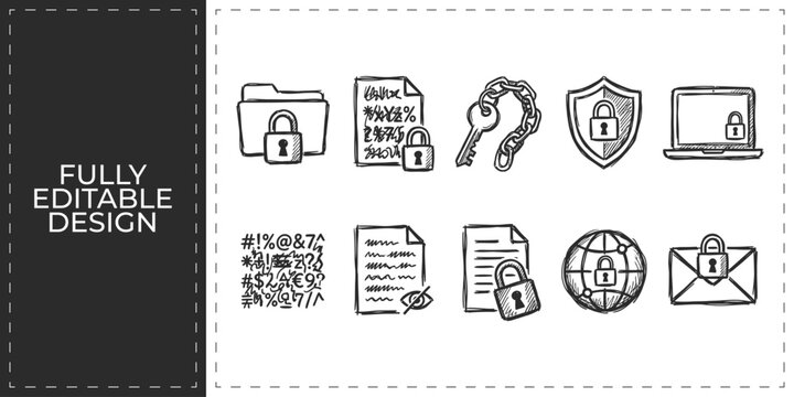 Data encryption and folder security hand drawn vector icons set featuring cloud lock padlock QR code and global privacy symbols for cyber security design
