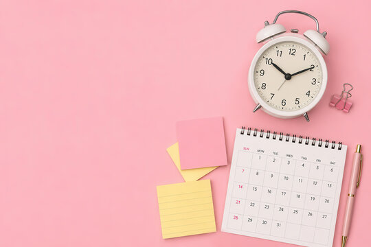 A clock shows the time beside a calendar and colorful sticky notes. A pen lies nearby on a pink background. This setup helps with planning and organizing tasks effectively.