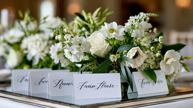 Elegant minimalist escort card display with calligraphy name cards arranged on a mirrored surface surrounded by fresh flowers, luxury wedding stationery concept, defocused warm