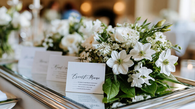 Elegant minimalist escort card display with calligraphy name cards arranged on a mirrored surface surrounded by fresh flowers, luxury wedding stationery concept, defocused warm