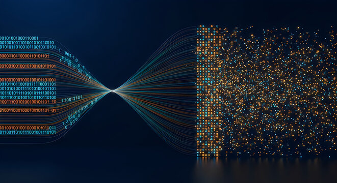 Glowing binary code streams converge into complex digital particles forming a vibrant abstract data visualization on a dark blue background