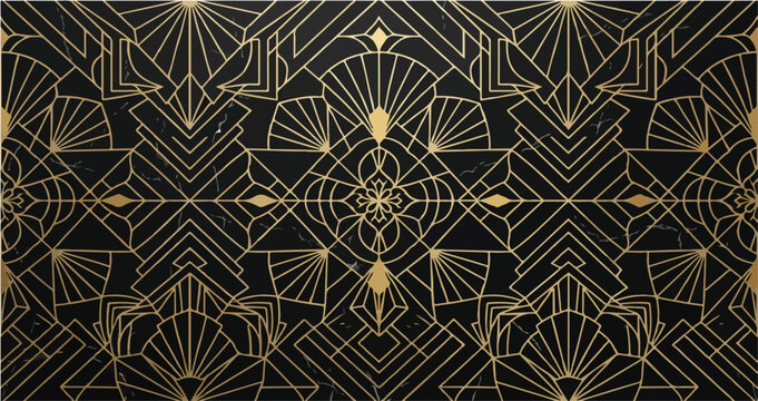 Elegant art deco geometric pattern with thin white lines on a dark black background isolated on transparent background, Vector, illustration Marble Texture 